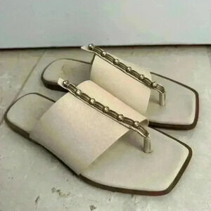 Franco Sarto Megs Sandal Brass Diamond Accents Cream Leather Modern Art Deco‎ 8